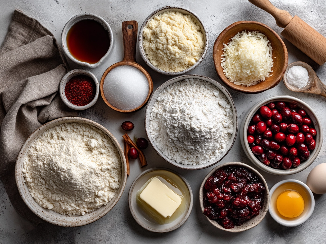 Top-down raw ingredients for cranberry orange scones on marble kitchen surface, modern kitchen organized mise en place