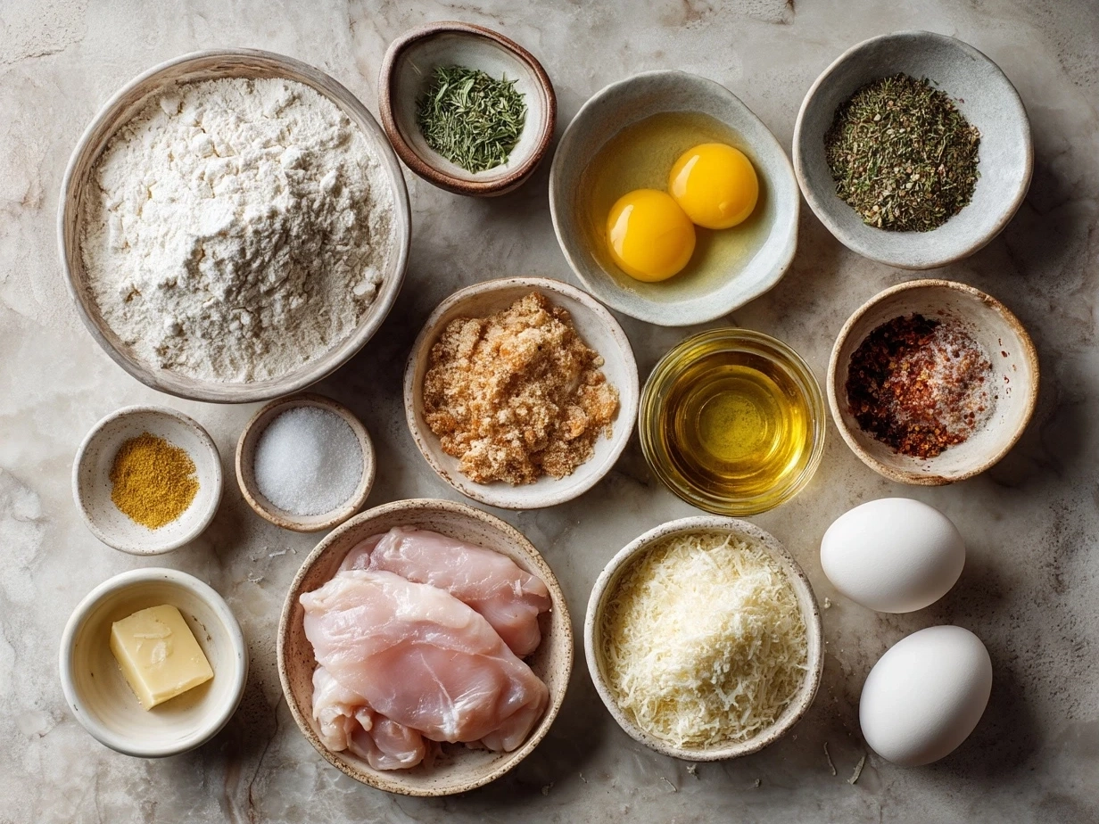 Top-down view of raw ingredients for crispy chicken schnitzel Alfredo arranged on a marble surface, showcasing a modern kitchen organized mise en place