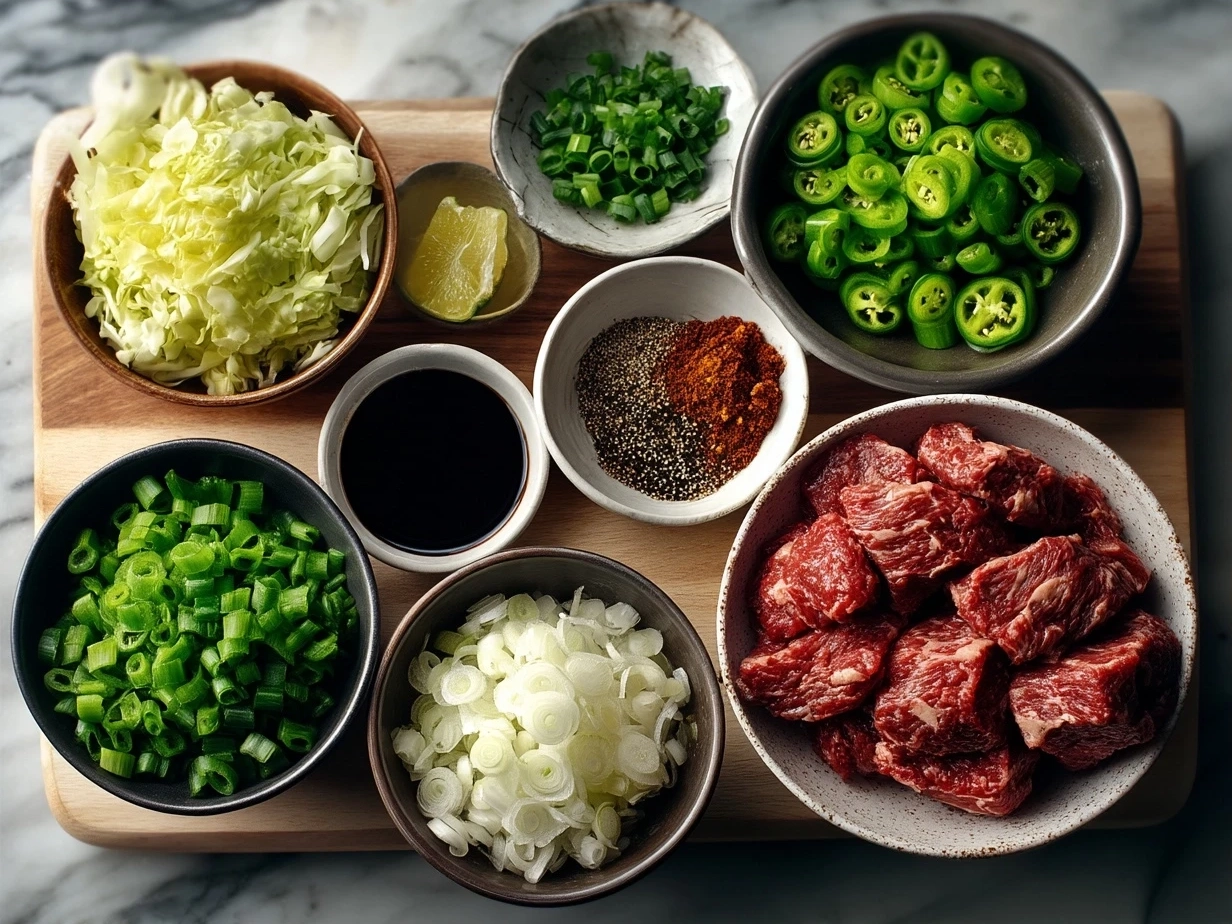 Raw ingredients laid out on white marble for Crispy Peking Beef Bowl including beef strips, cornstarch, hoisin sauce, and green onions