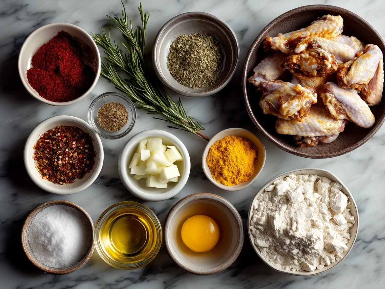 Top-down raw ingredients for Crockpot Buffalo Wings on marble, modern kitchen organized mise en place