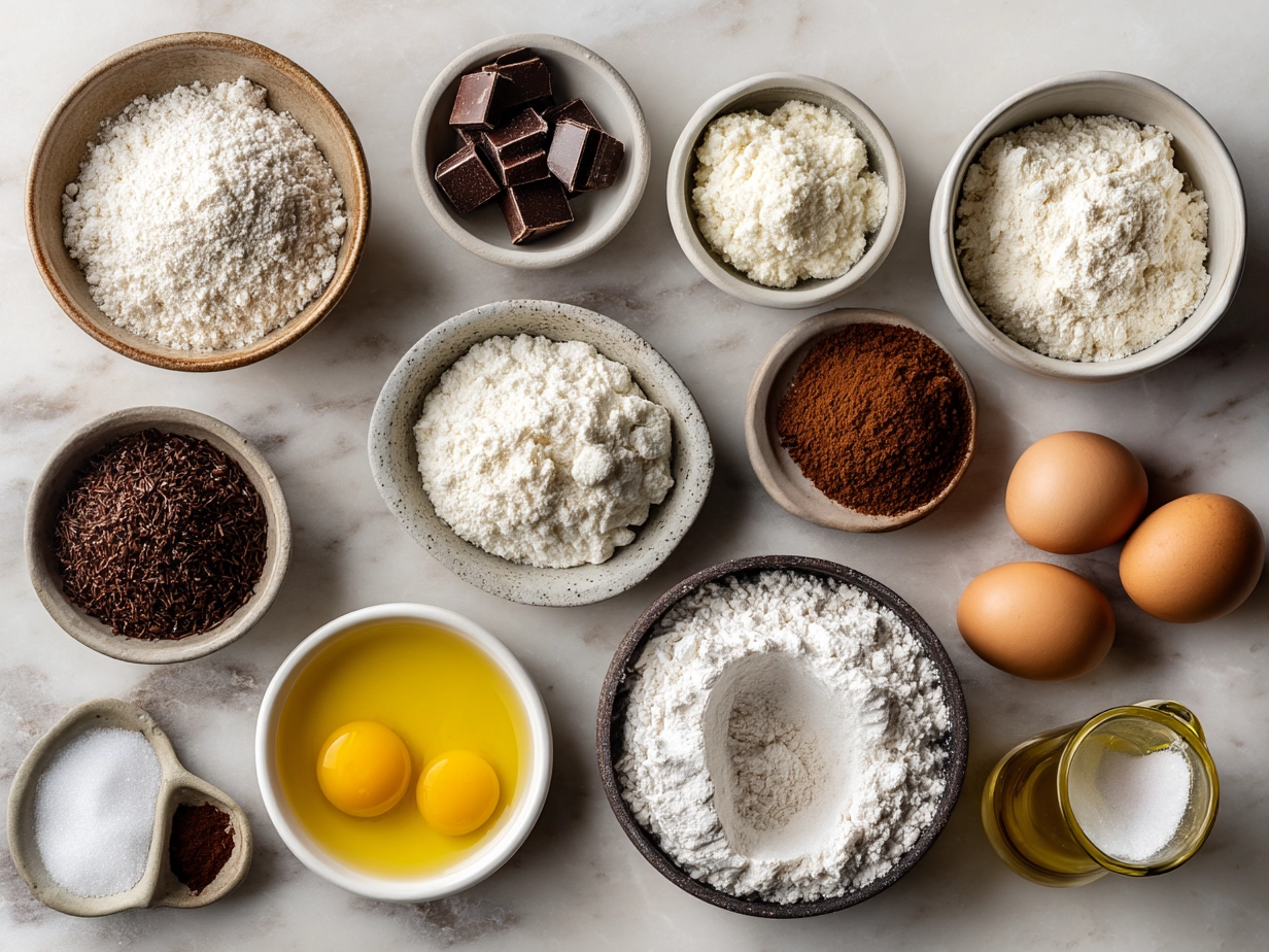 Top down raw ingredients for dirt cake on marble counter including Oreo cookies, cream cheese, butter, powdered sugar, pudding mix, and gummy worms