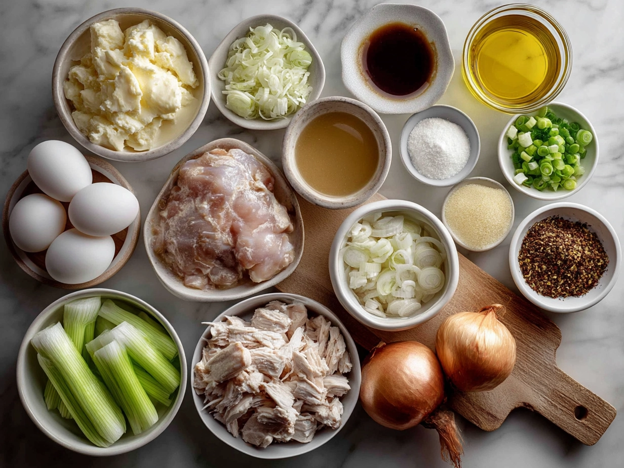 Top down view of raw ingredients for French Onion Chicken Bake including chicken breasts, caramelized onions, cream cheese, Swiss cheese, and onion soup mix