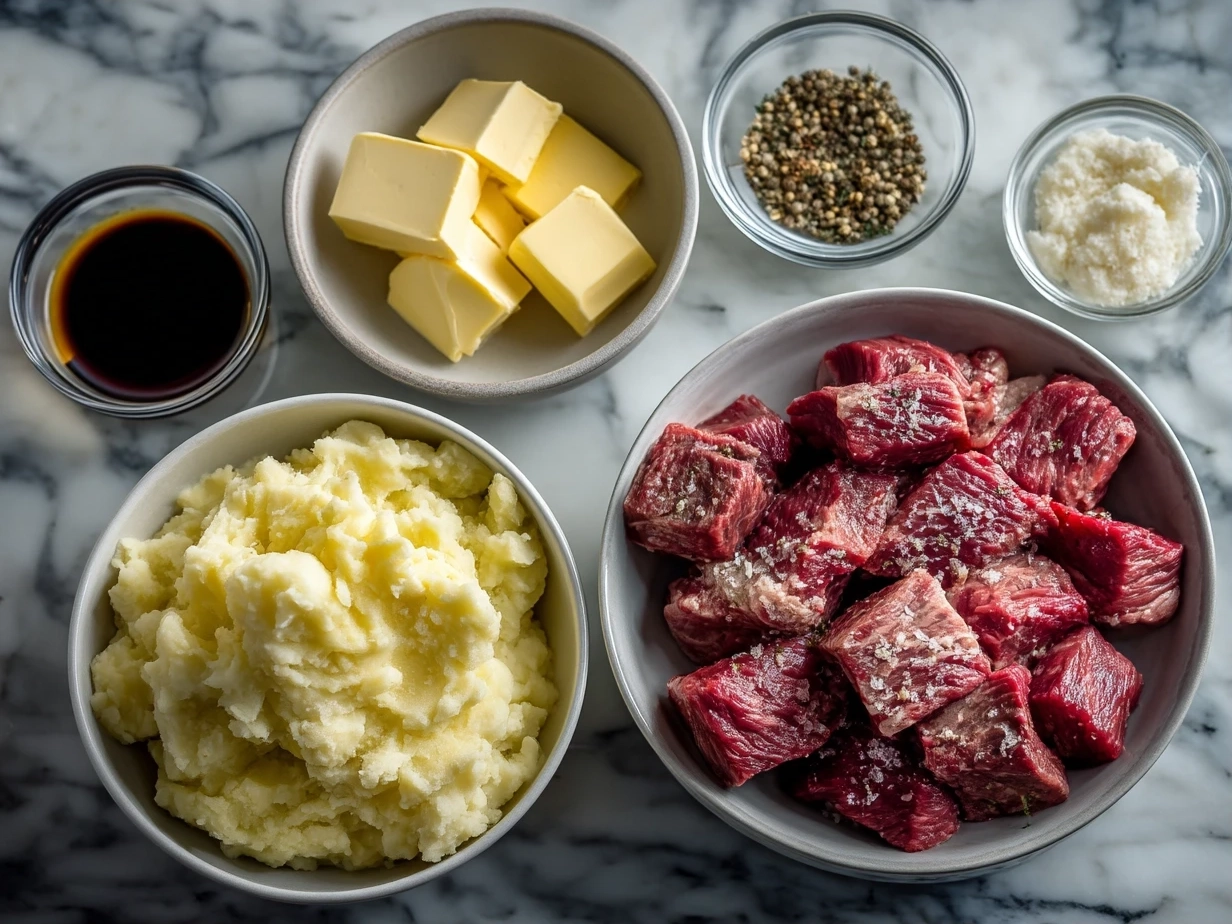 Top down raw ingredients for garlic butter beef bites with creamy mashed potatoes on marble. Modern kitchen organized mise en place.