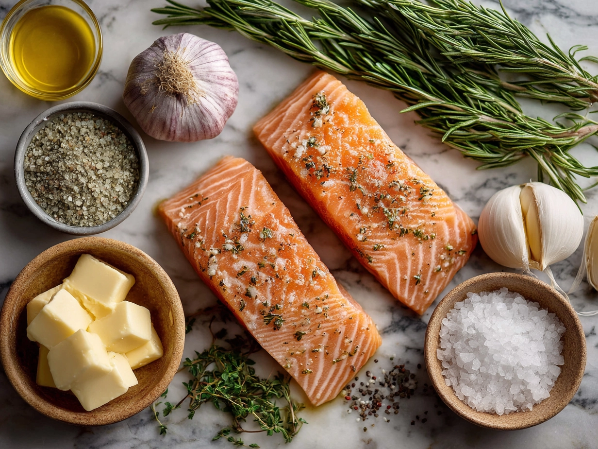 Top down view of raw ingredients for garlic butter salmon on a marble surface