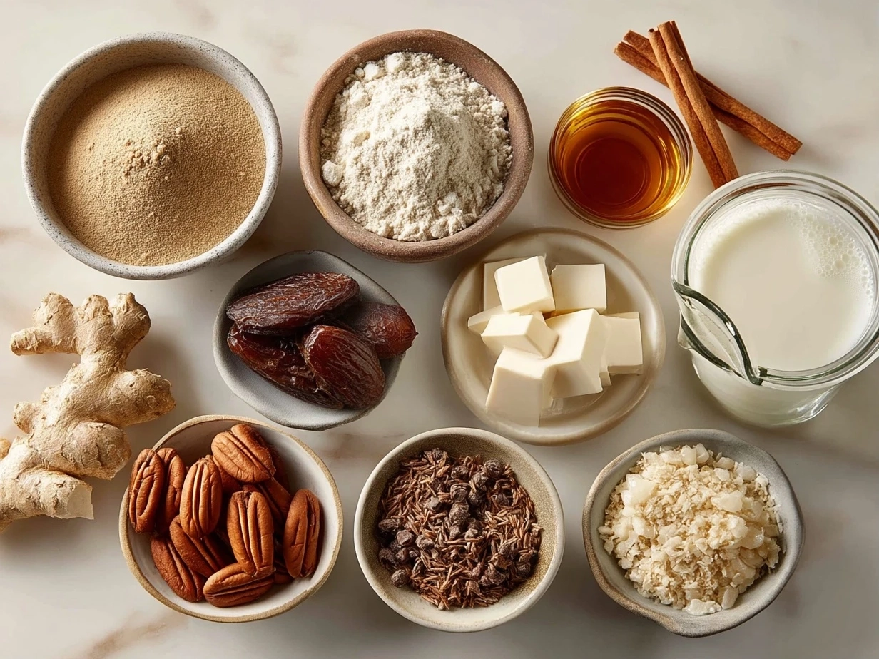 Top down view of raw ingredients for gingerbread protein snacks on marble countertop