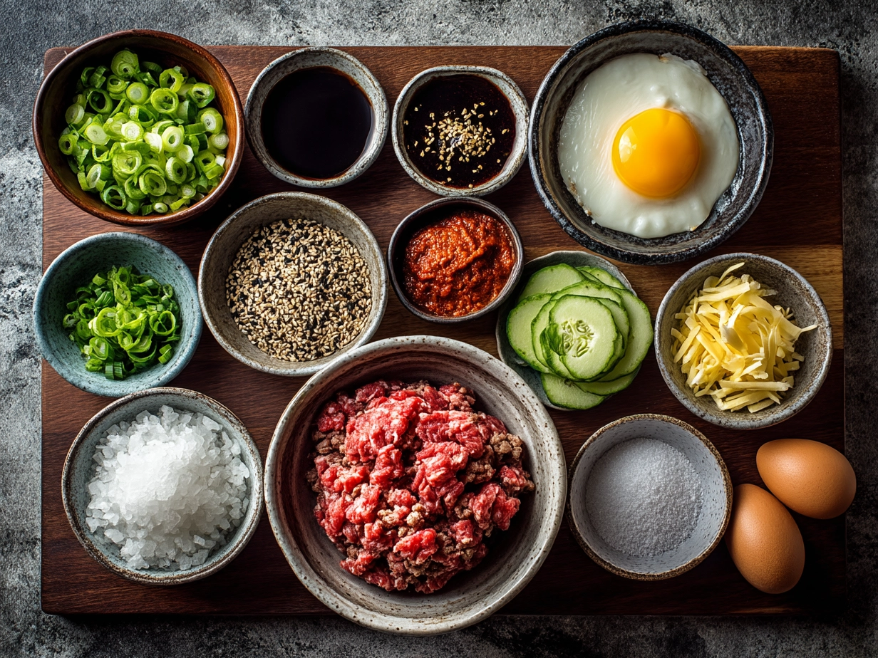 Raw ingredients for Korean Ground Beef on marble countertop