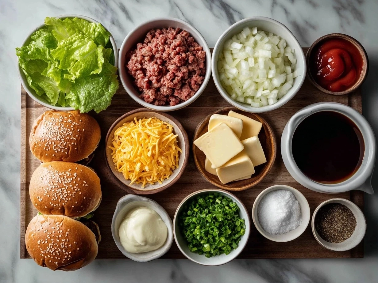 Top down view of raw ingredients for loaded big mac sliders arranged on marble with modern kitchen mise en place