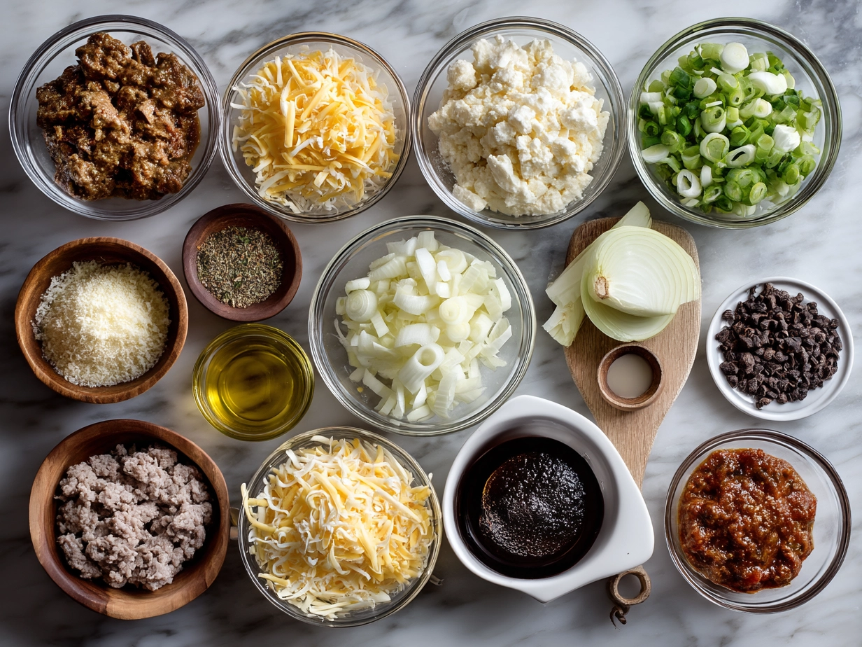 Raw ingredients laid out for Loaded Philly Cheesesteak Sliders including steak, slider rolls, peppers, onions, mushrooms, provolone cheese, butter, and seasonings