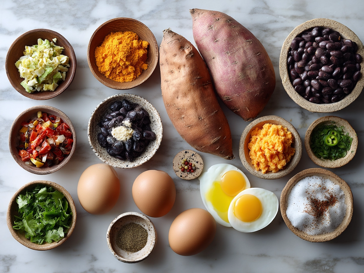 Top down raw ingredients for loaded sweet potato burritos on marble