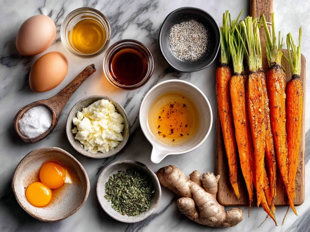 Ingredients for Maple Carrot Fries on a marble countertop, neatly arranged for preparation