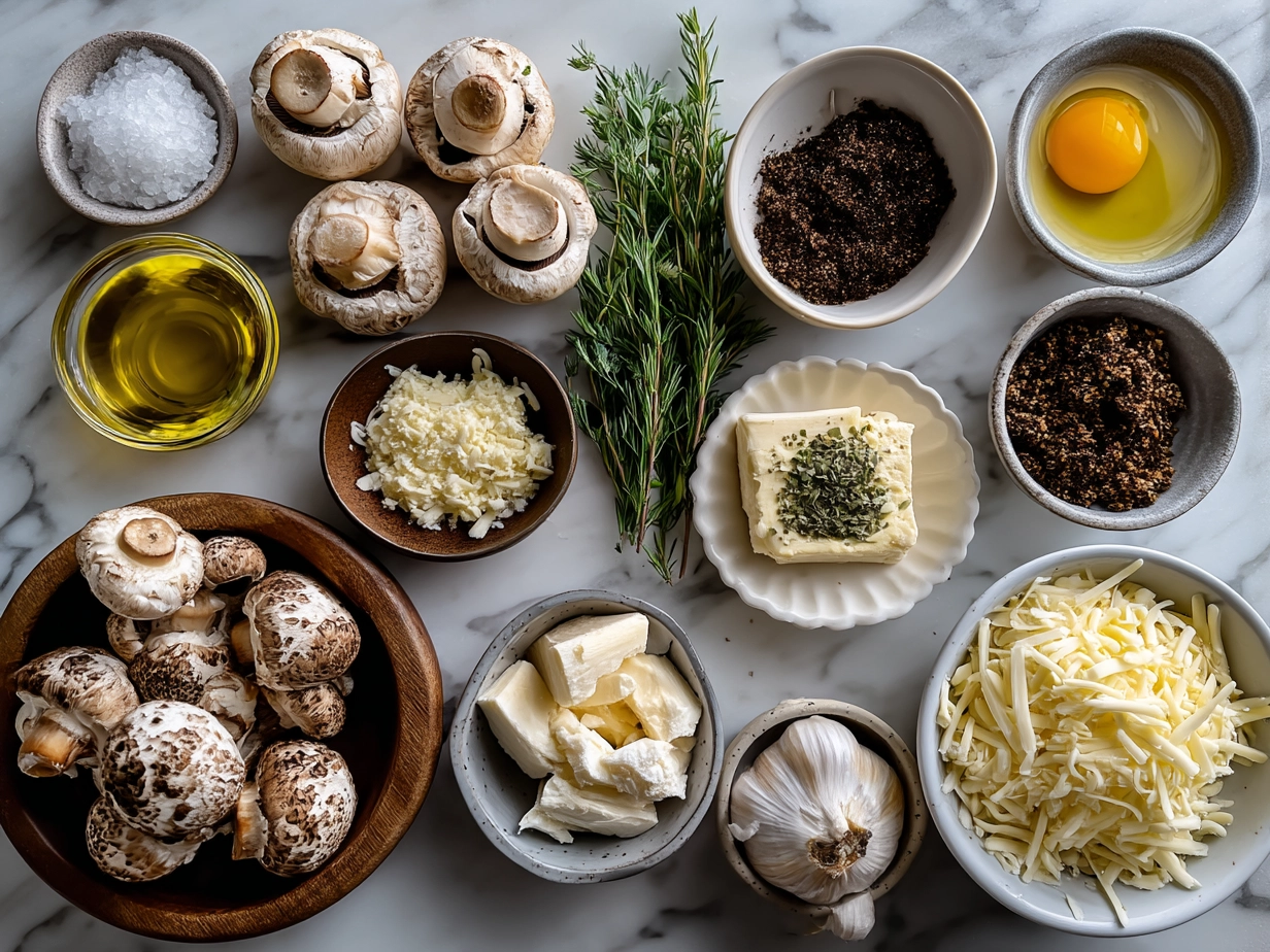 Top down view of raw ingredients including slider buns, fresh mushrooms, Swiss cheese, onions, and seasonings for Mini Mushroom Swiss Sliders
