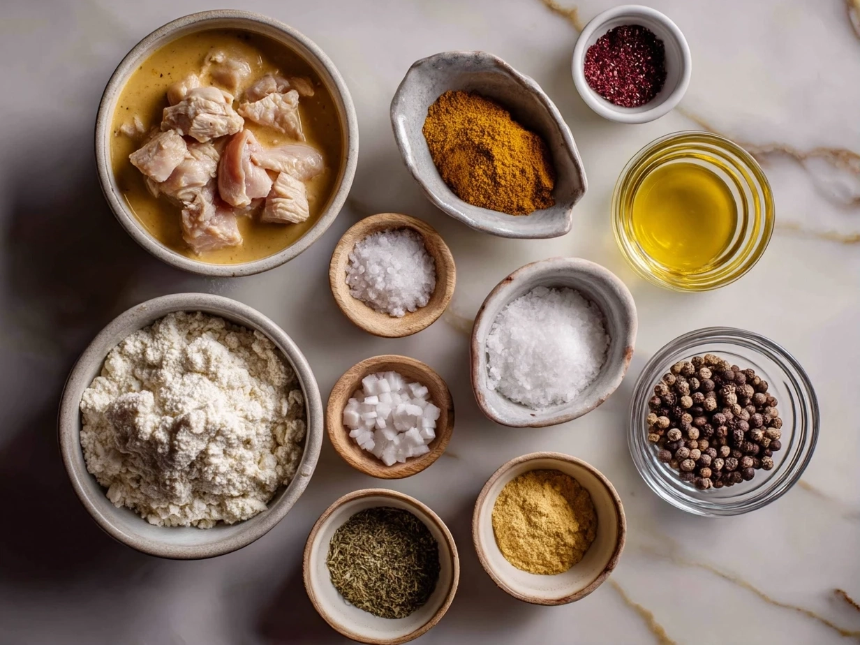 Top-down view of raw ingredients for One-Pot Creamy Chicken Taco Soup on marble countertop, organized mise en place in a modern kitchen.