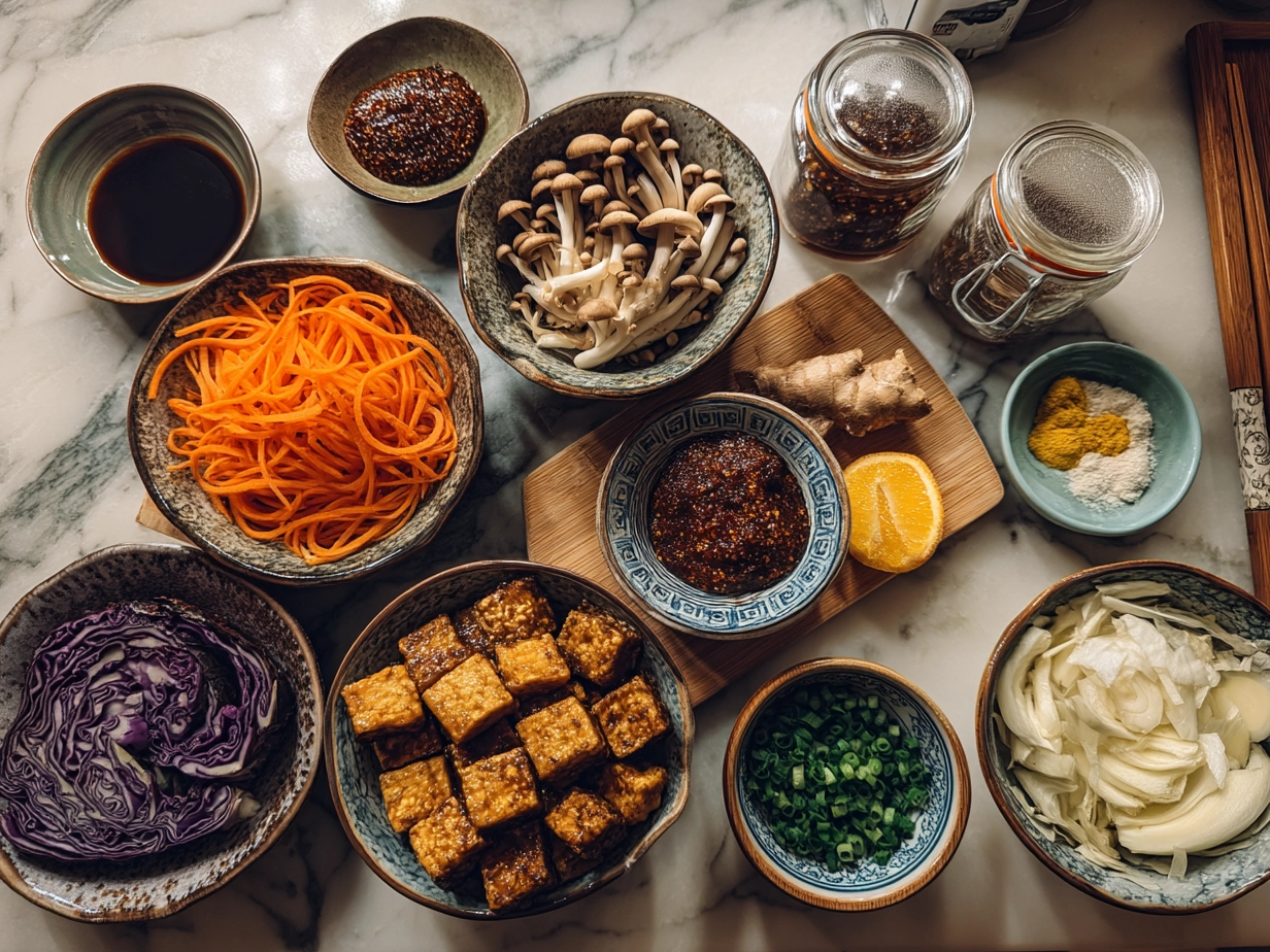 Top down view of raw ingredients laid out for Orange Glazed Tempeh Stir Fry on white marble surface