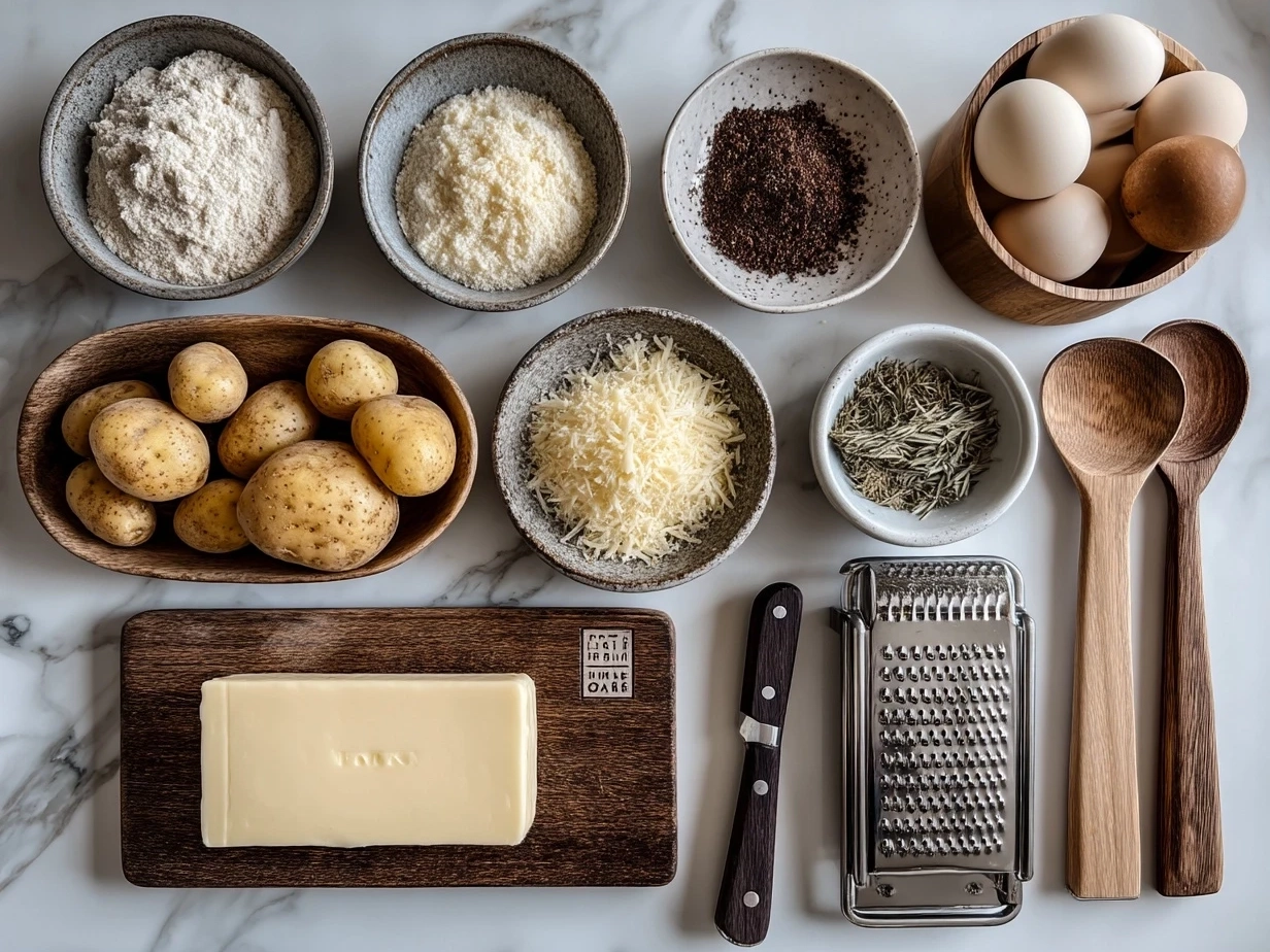 Raw ingredients for Oven-Crisped Parmesan Potatoes laid out on a marble surface