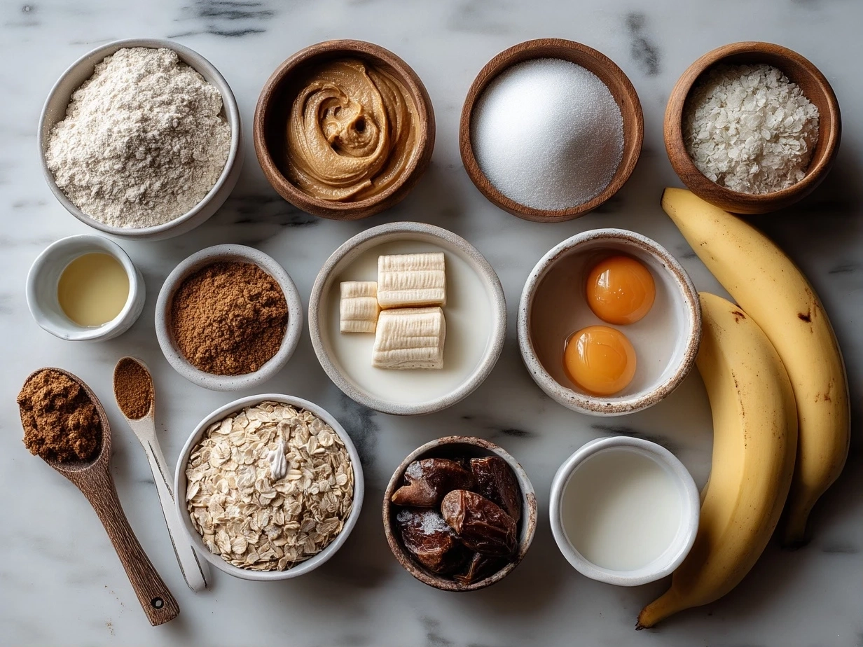 Top down view of raw ingredients for peanut butter banana oat bars including bananas, peanut butter, oats, honey, and vanilla