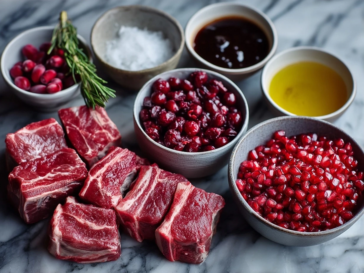 Top down view of raw ingredients for Pomegranate Glazed Lamb Chops on marble countertop
