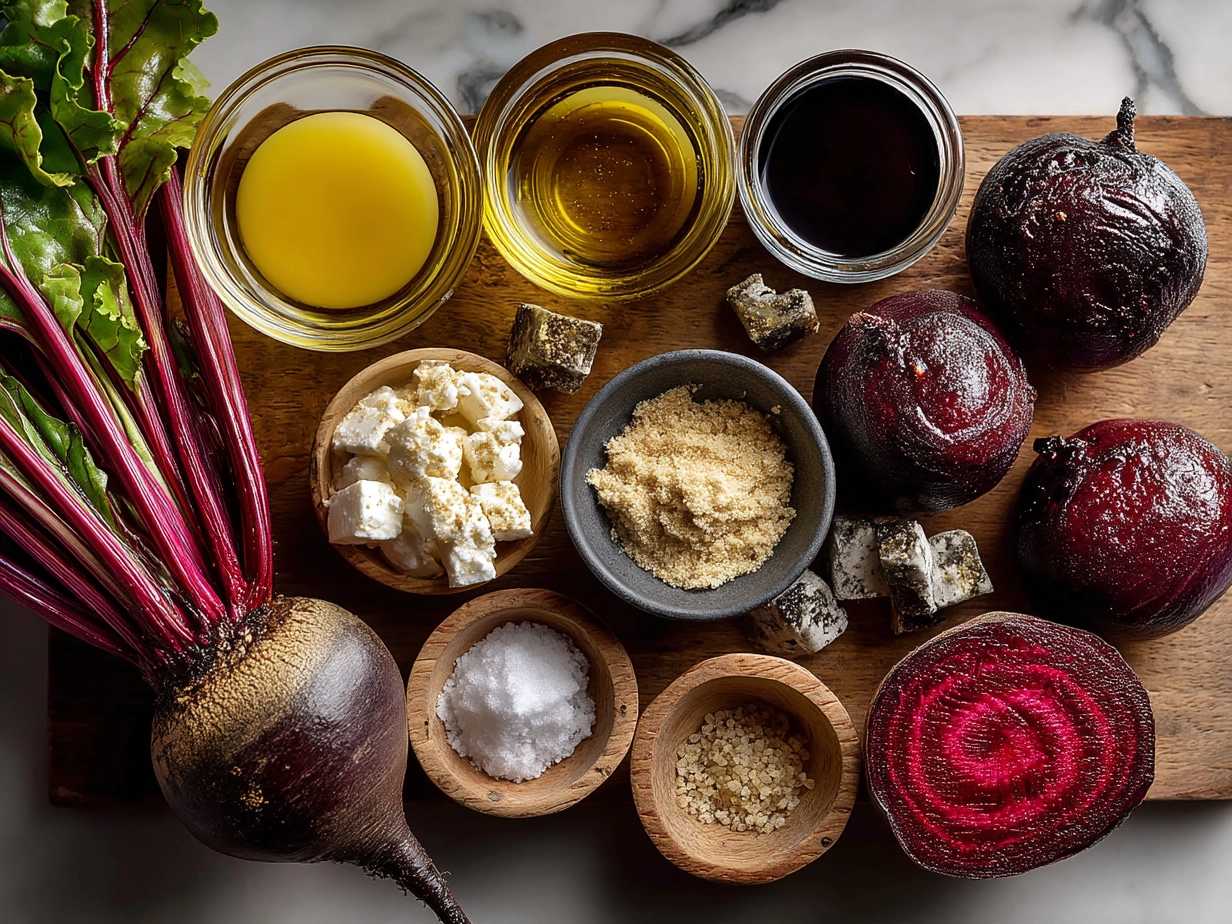 Top down view of raw ingredients for roasted beet goat cheese on marble, with olive oil, beets, goat cheese, herbs, and honey