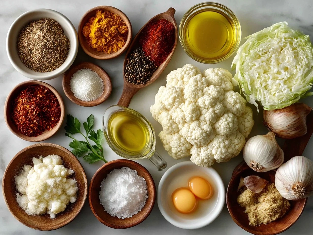Top-down raw ingredients for Roasted Cauliflower Curry Soup on marble surface