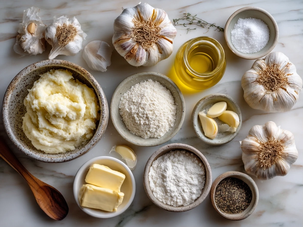 Raw ingredients for roasted garlic mashed potatoes laid out on a marble surface