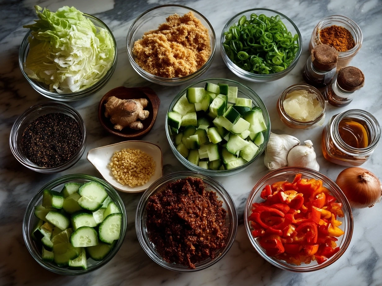 Ingredients for Roasted Red Pepper Hummus Wraps including tortillas, hummus, roasted red pepper spread, mixed greens, shredded carrots, cucumber, and feta cheese