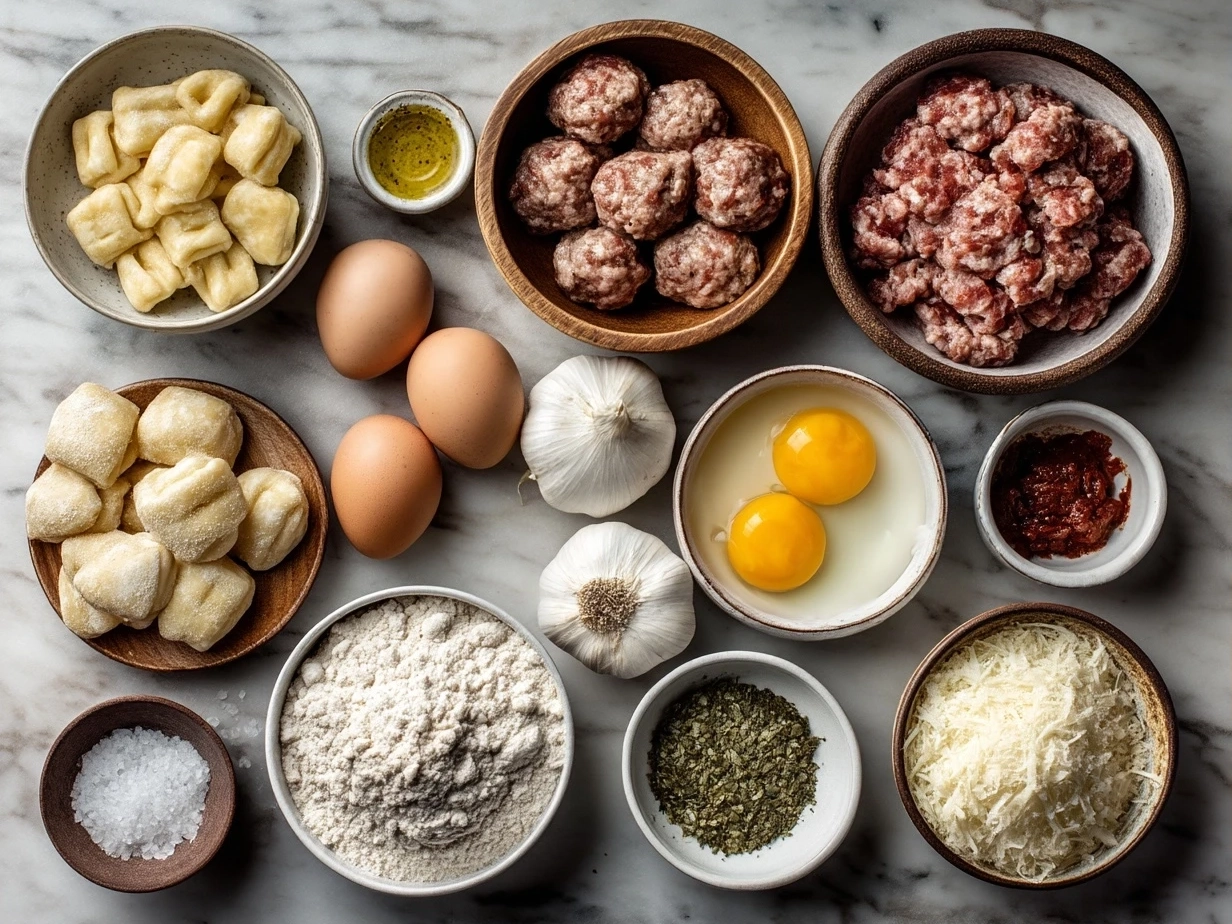 Top down view of raw ingredients for sausage gnocchi arranged on marble countertop in a modern kitchen