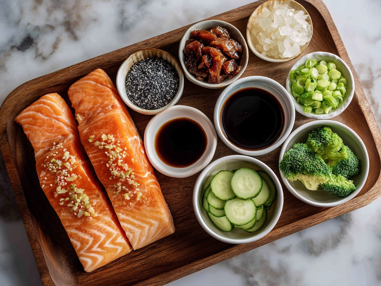 Raw ingredients for Sheet Pan Teriyaki Salmon arranged on marble counter