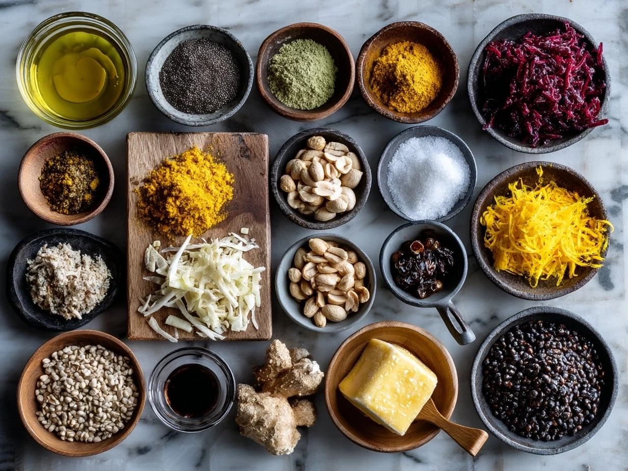 Top down view of raw ingredients for Street-Style Peanut Cheese Chaat on marble surface