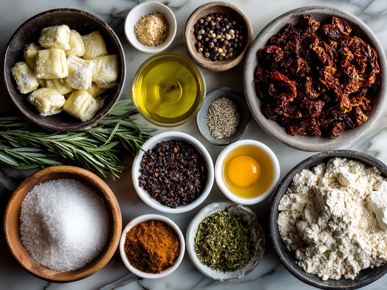 Top-down view of raw ingredients for Sun-Dried Tomato Gnocchi arranged on marble surface