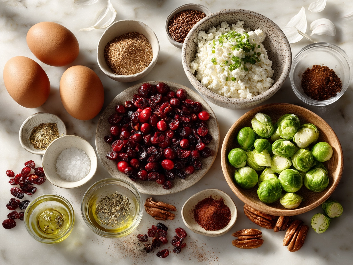 Top-down view of raw ingredients for Turkey Cranberry Quesadillas arranged on marble surface