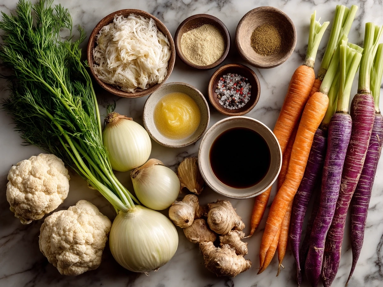 Fresh raw ingredients arranged for making vegetable soup on white marble surface