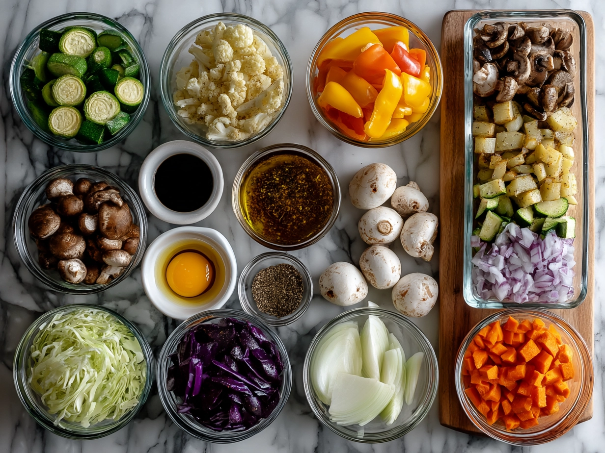 Top-down view of raw ingredients for veggie sheet pan hash arranged on marble surface in a modern kitchen setting