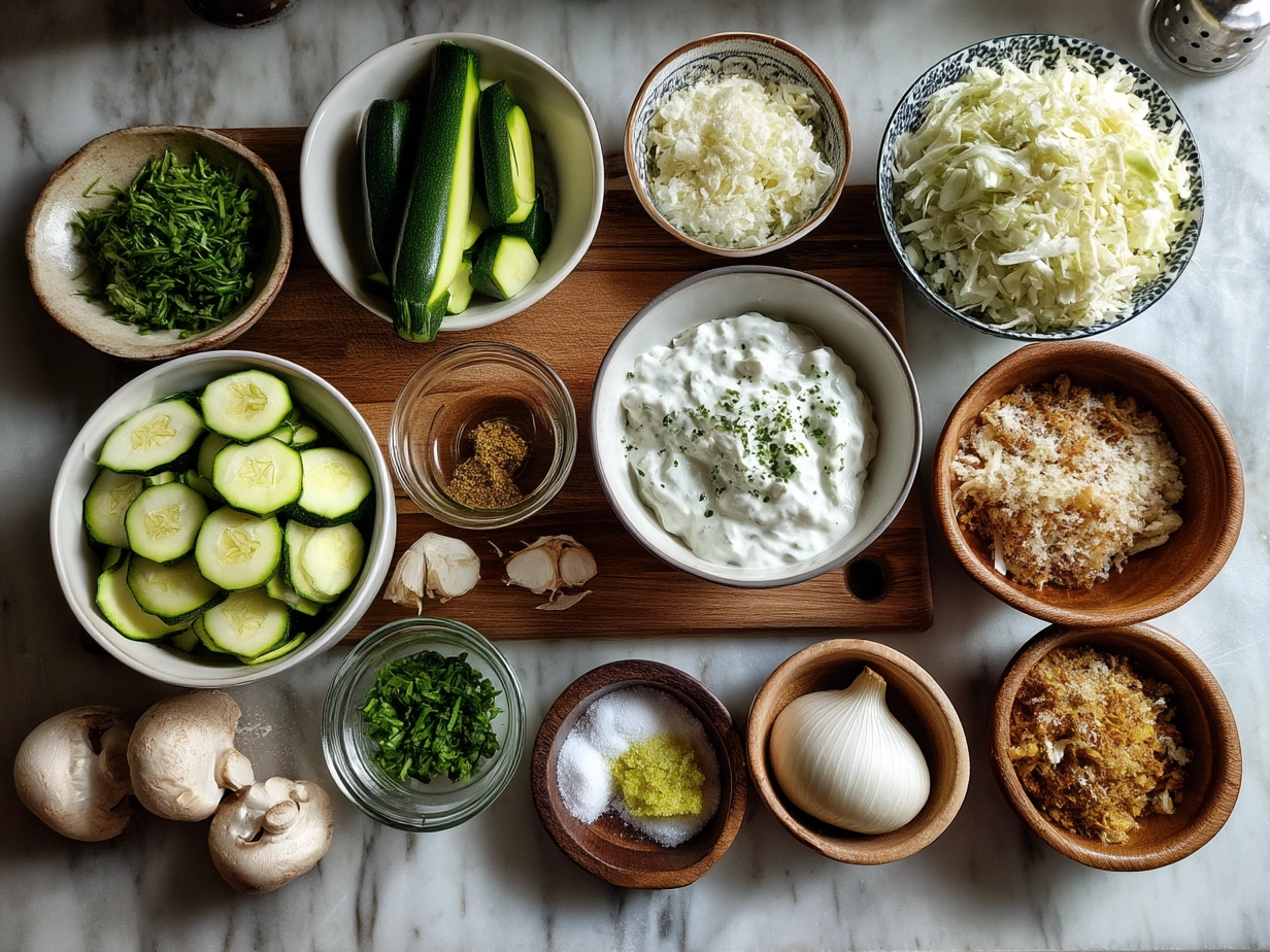 Ingredients for Zucchini Fritter Stack with Yogurt Sauce