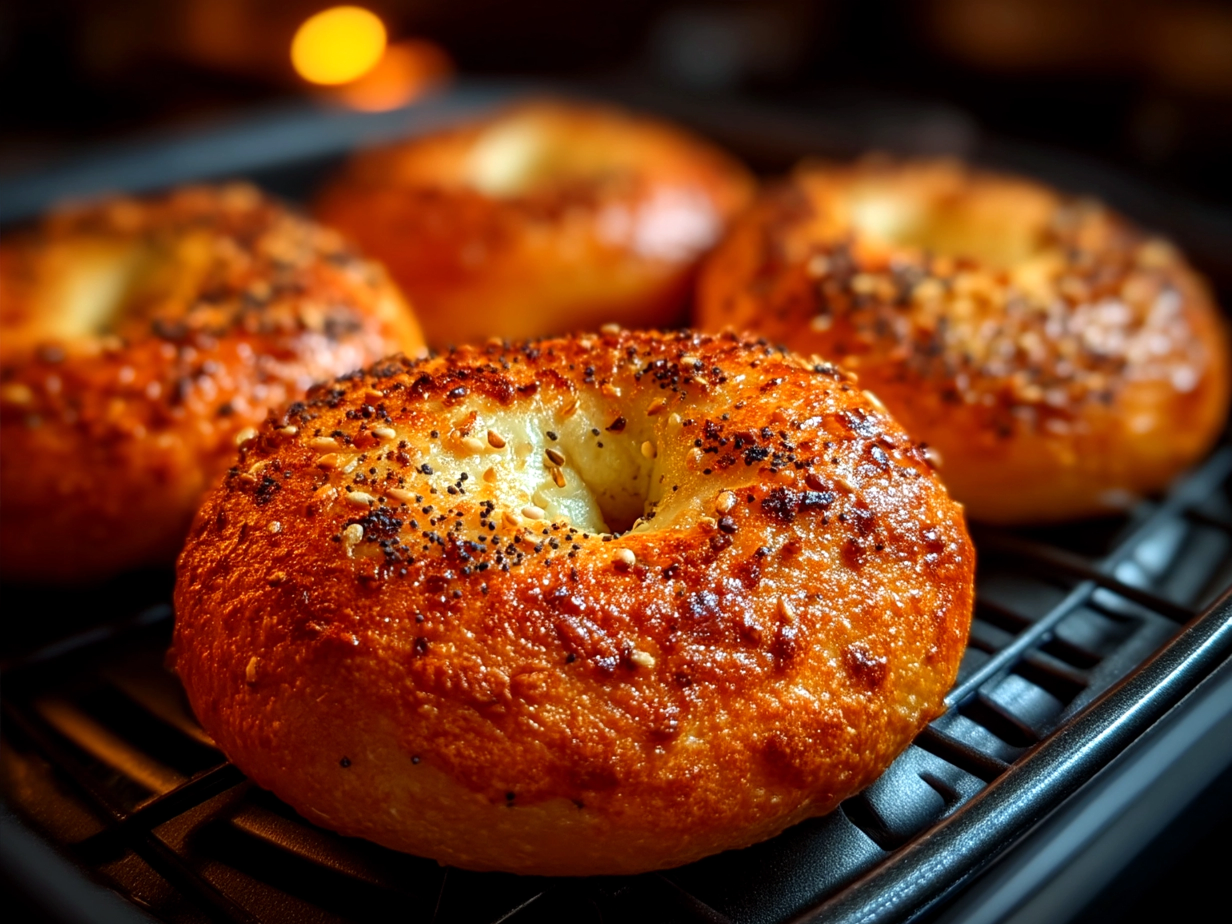Freshly cooked air fryer protein bagels served with cream cheese and avocado