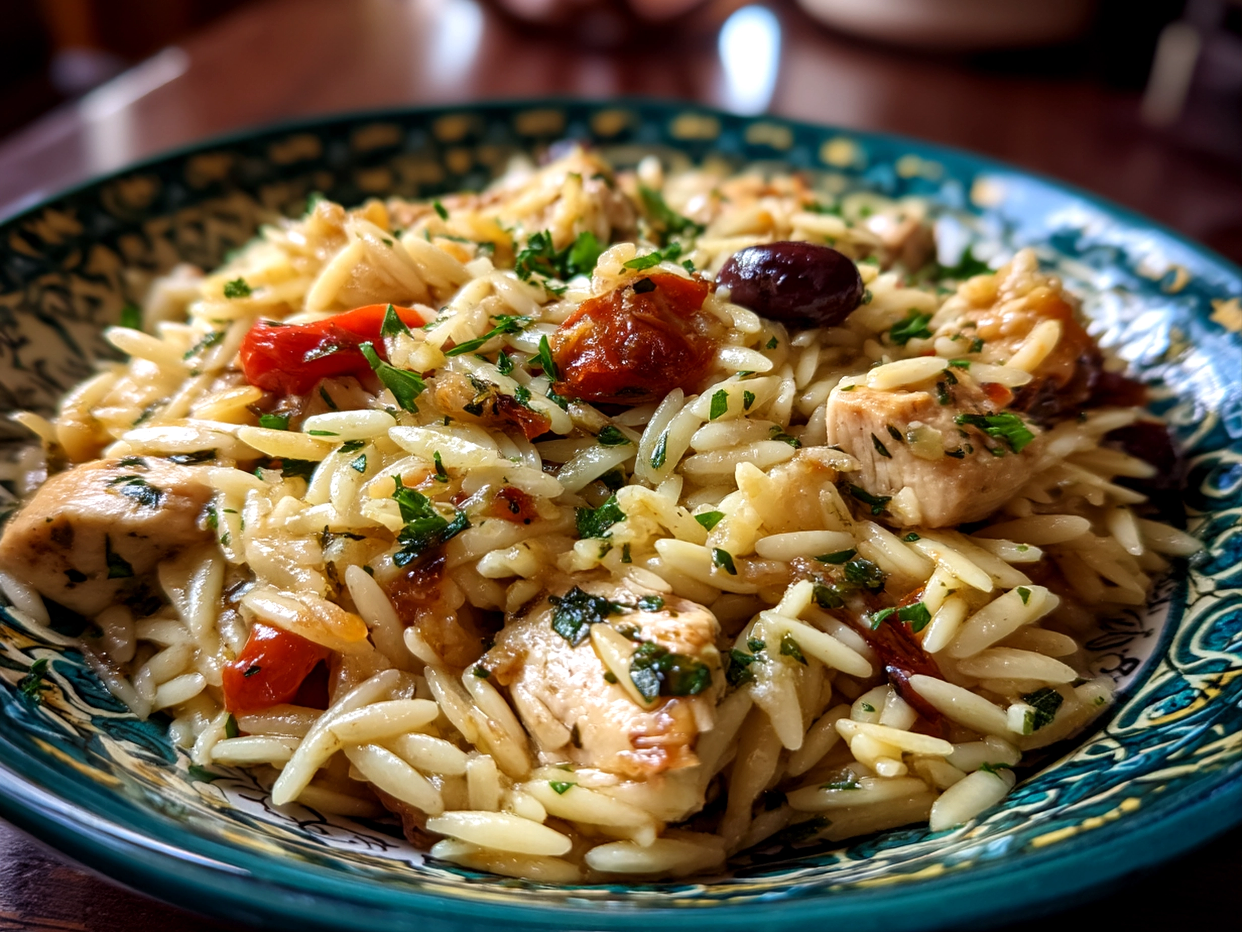 Close up of a finished homemade Mediterranean Chicken Orzo, shot with iPhone 13, mouthwatering and vibrant