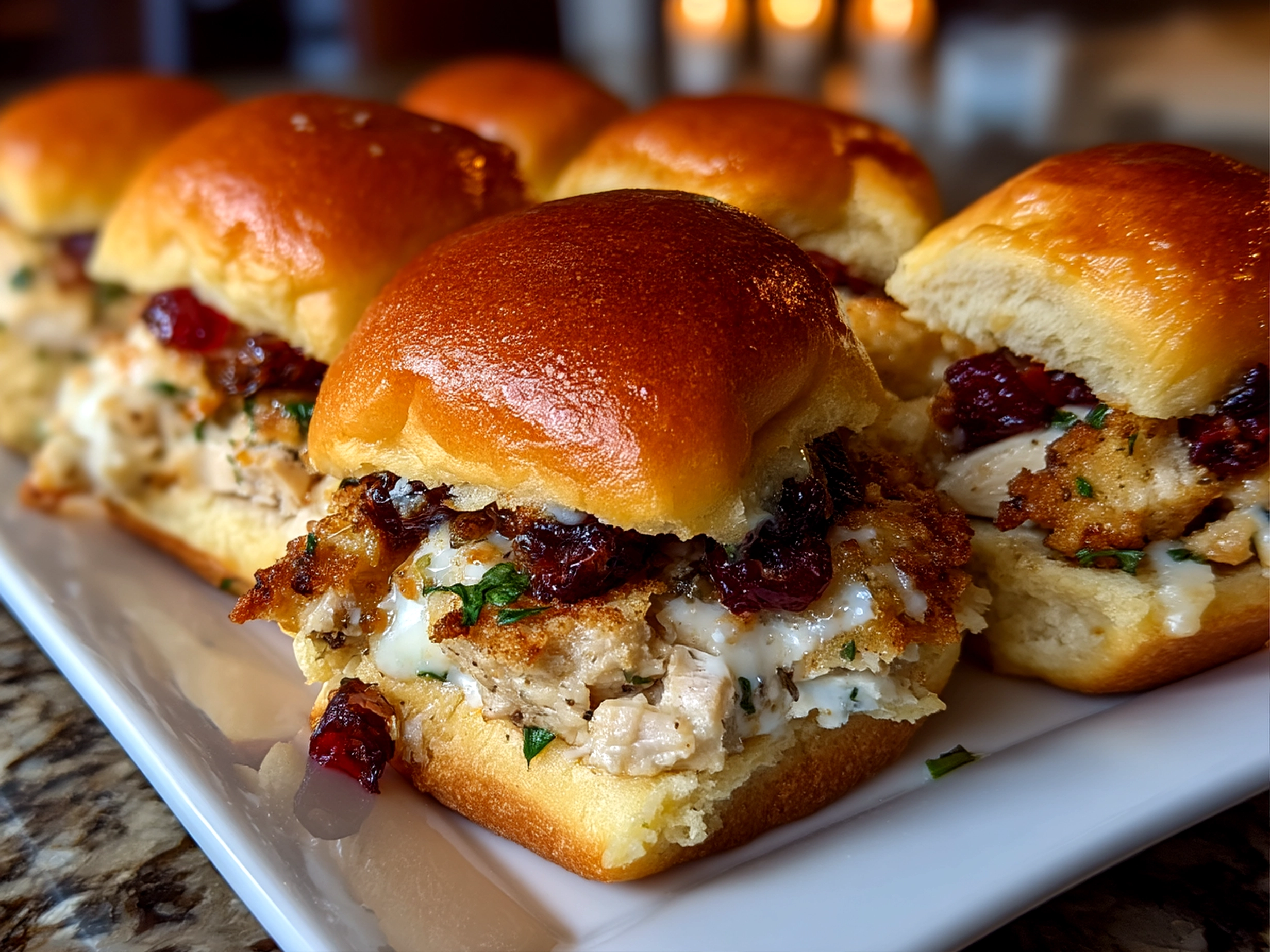 Close-up of finished homemade cranberry turkey sliders, perfectly baked, fresh and mouthwatering, on a plate