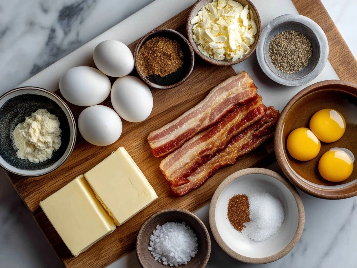 Ingredients for Bacon Wrapped Grilled Cheese Fingers including bacon, bread, shredded cheese, and butter
