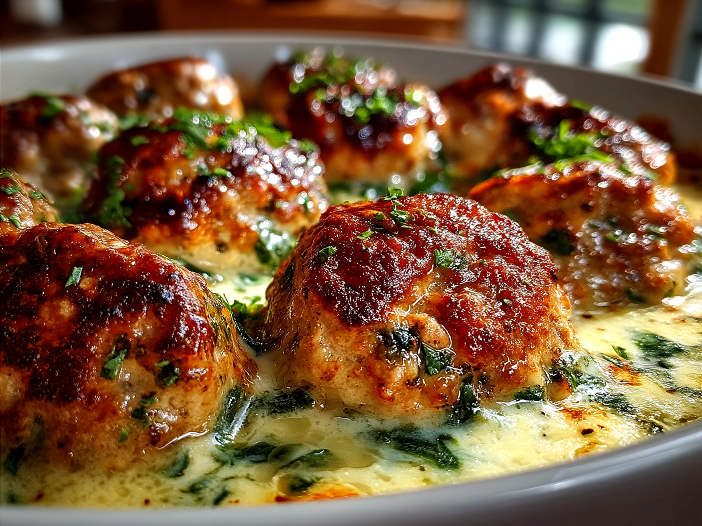 Served Baked Chicken Ricotta Meatballs smothered in a creamy Spinach Alfredo Sauce with pasta and garlic bread