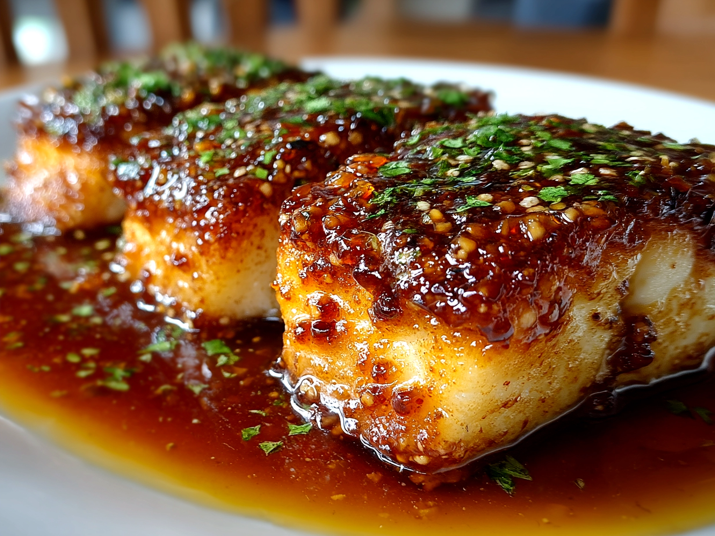 Serving suggestion for Baked Honey Marinade Cod on a plate with greens