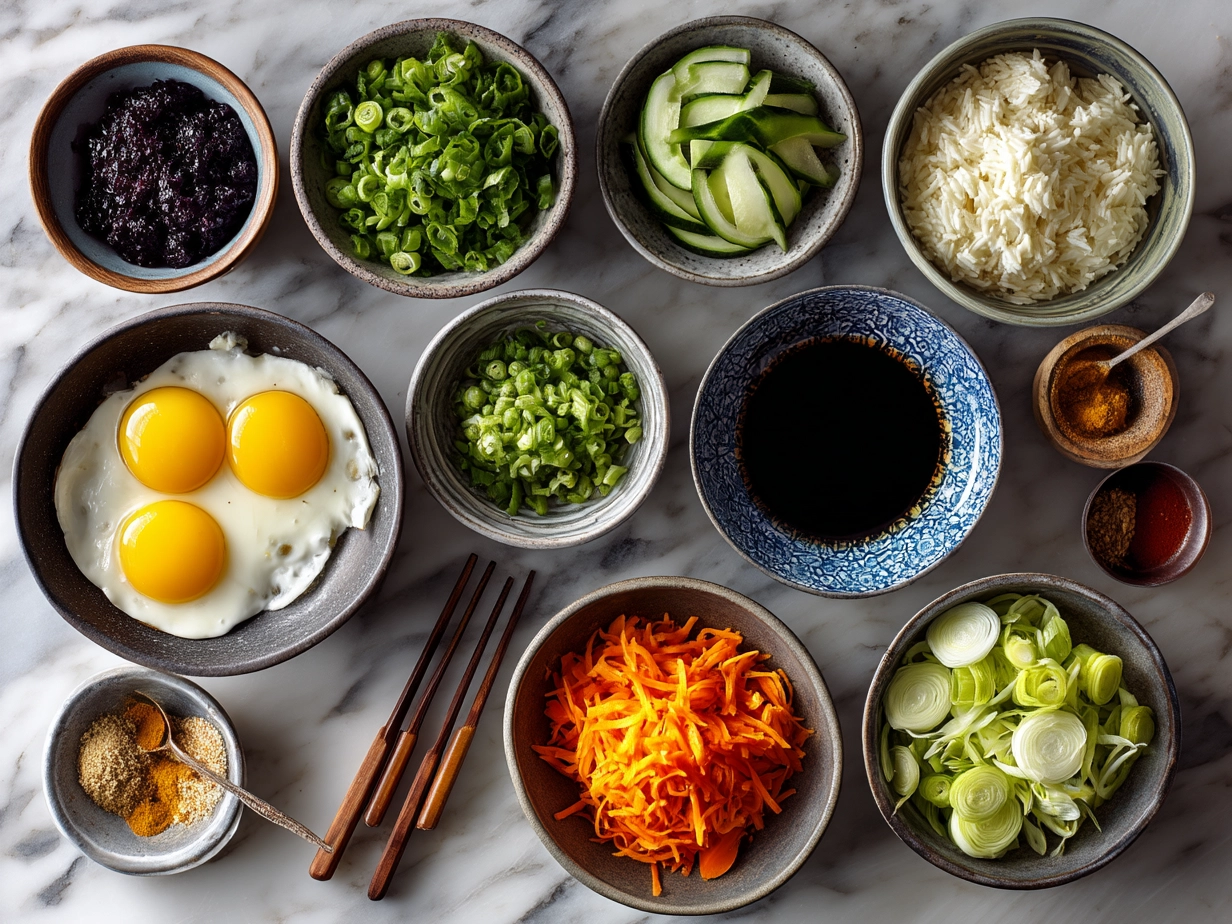 Ingredients for making Bang Bang Fried Rice including rice, vegetables, eggs, and sauces