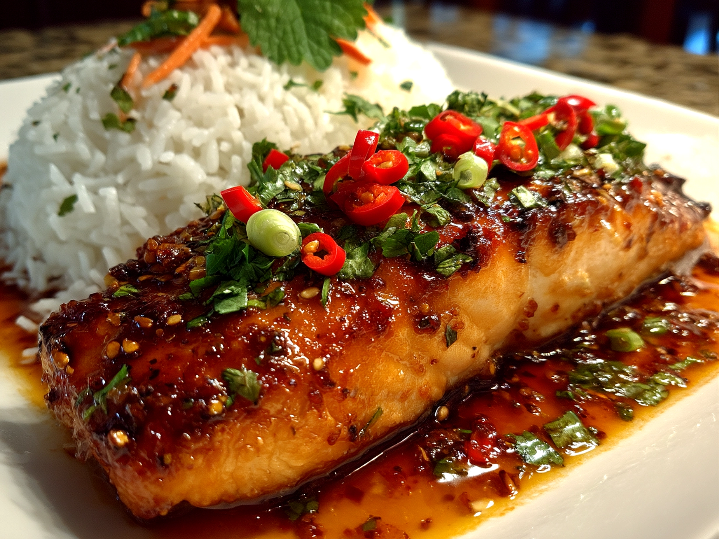 Served Bang Bang Salmon on a plate ready to eat