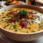 Beautiful creamy potato soup served in a white bowl