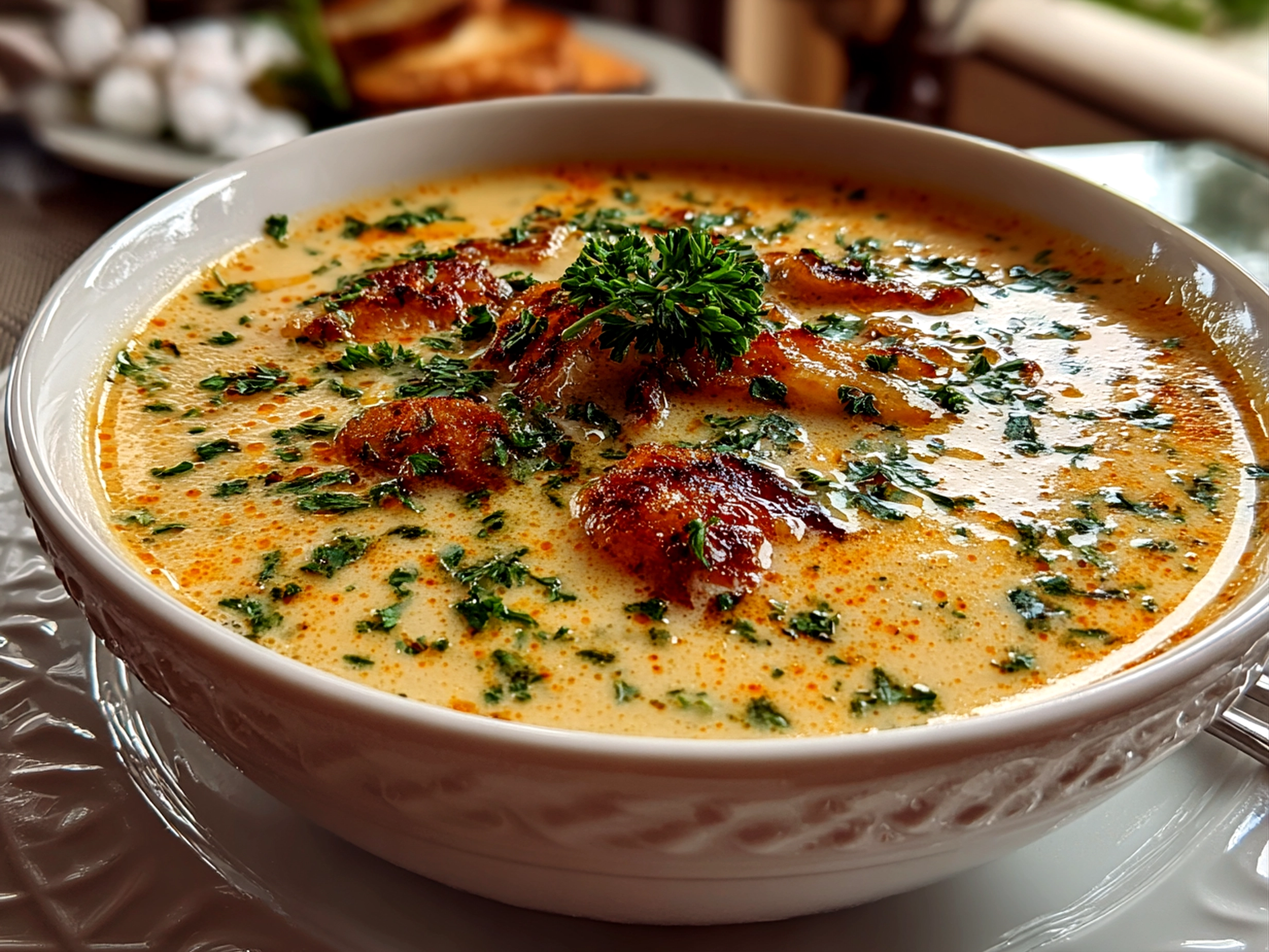 Beautiful creamy potato soup served in a white bowl