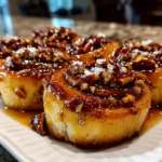Beautiful Maple Pecan Sticky Buns on white plate