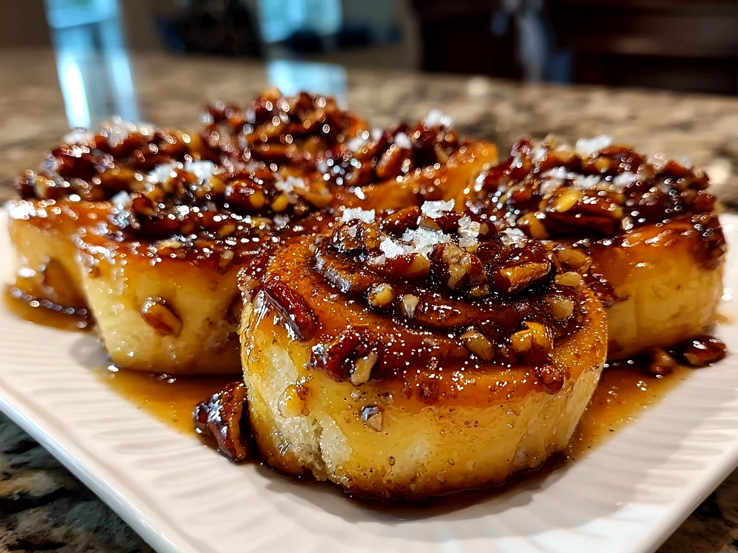 Beautiful Maple Pecan Sticky Buns on white plate
