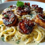Blackened Steak and Shrimp Alfredo close-up