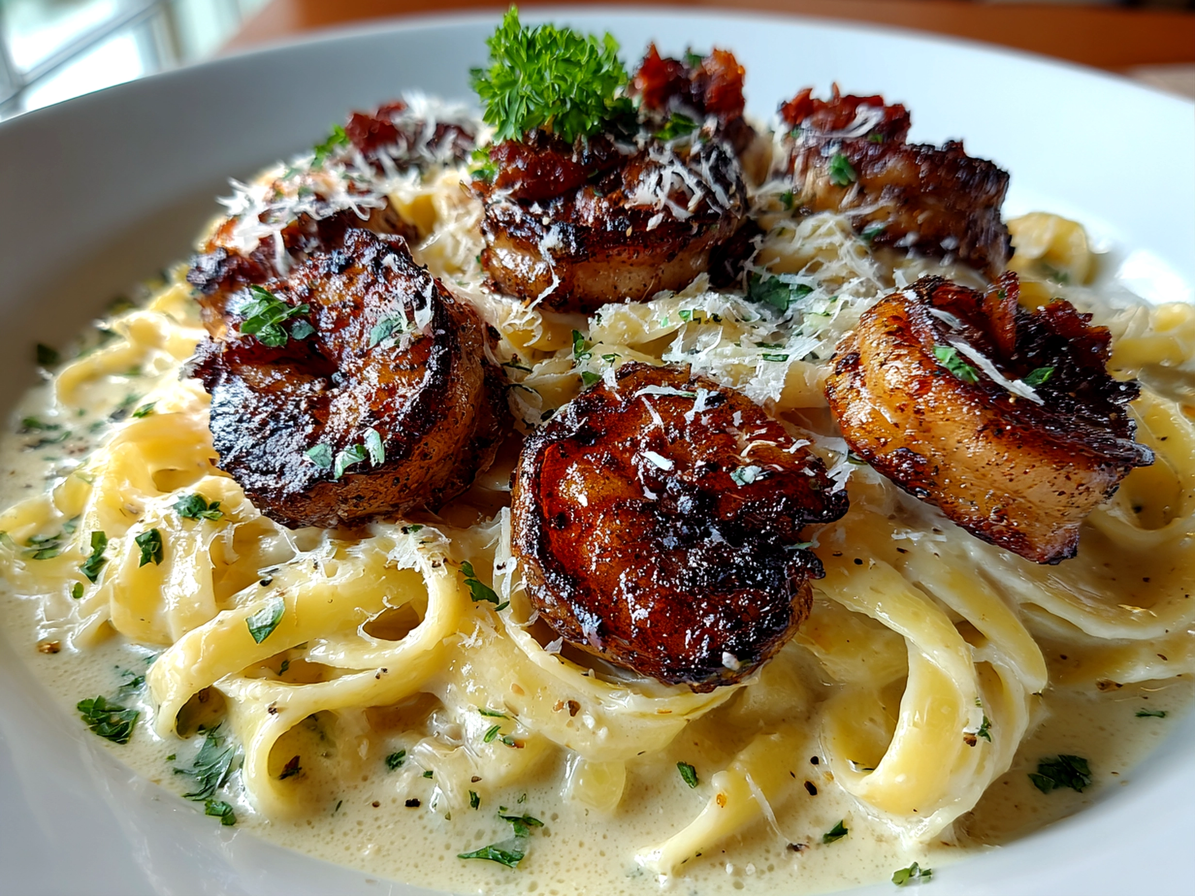 Blackened Steak and Shrimp Alfredo close-up