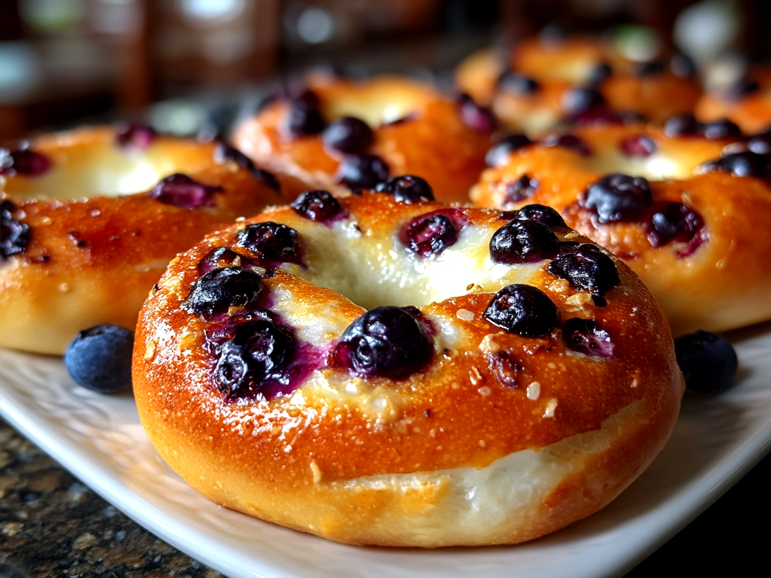 Freshly baked blueberry bagels served with cream cheese spread