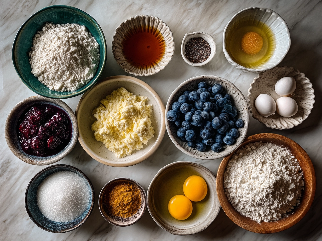 Ingredients for making blueberry bagels arranged on a kitchen counter
