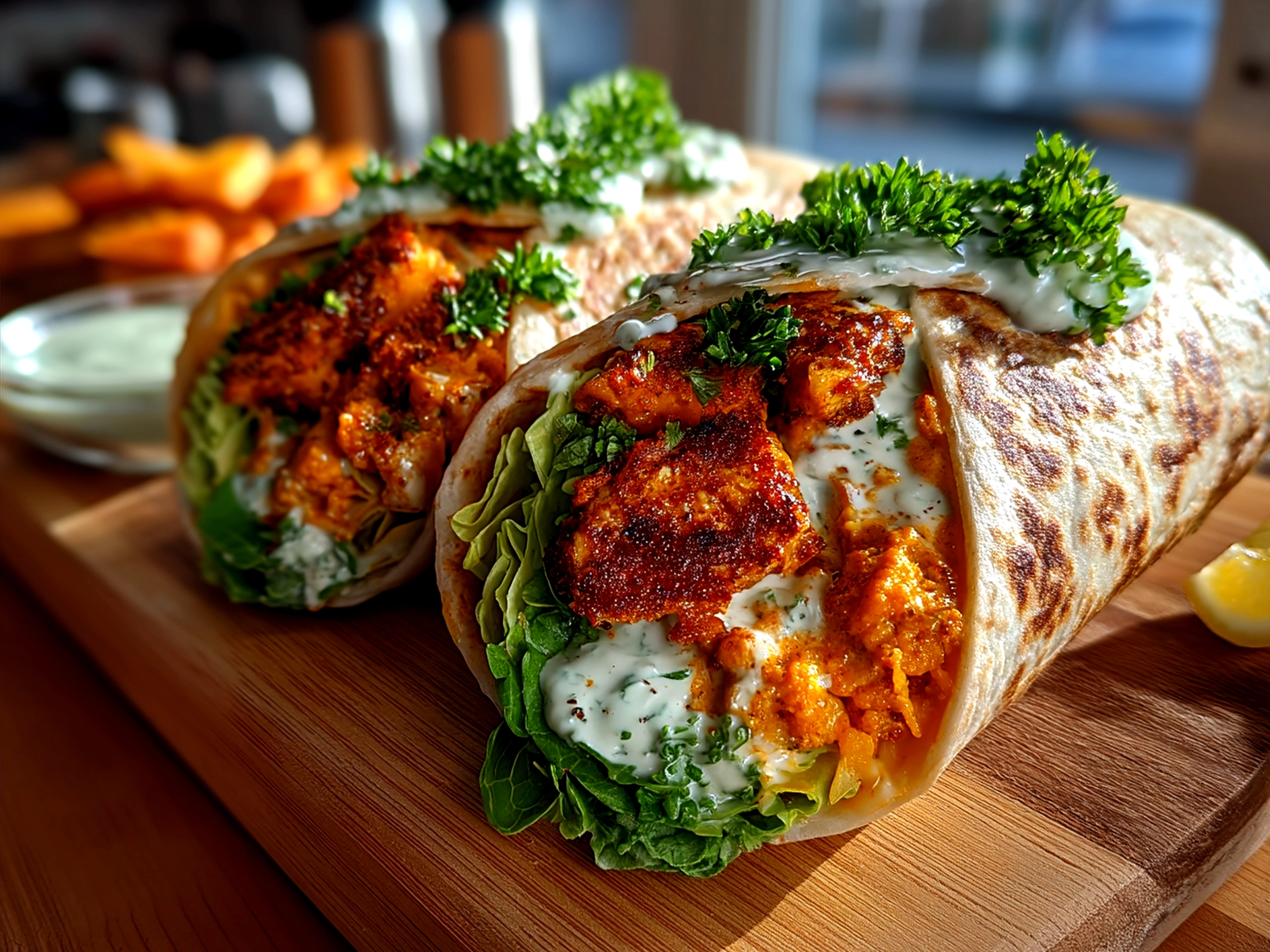 Served Buffalo Chickpea Wraps garnished with fresh herbs and drizzled dressing on a plate
