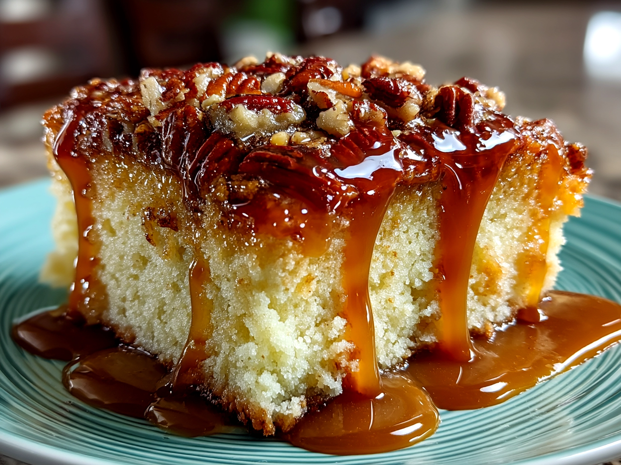 Serving Caramel Butter Pecan Praline Poke Cake with whipped topping and pecans